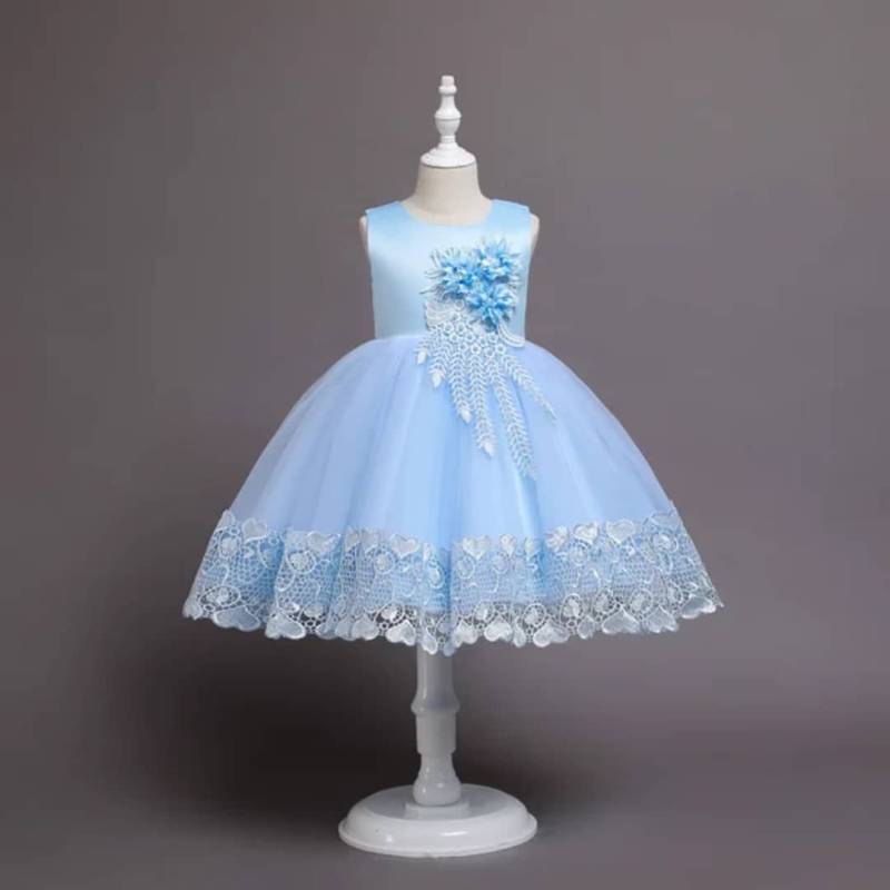 Robe Princesse Fille Bleu Ciel – Robe de Fête Enfant avec Dentelle et Fleurs